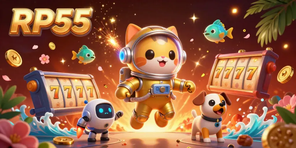 Engage with RP55's thrilling slot games and festive elements in this vibrant 3D illustration.
