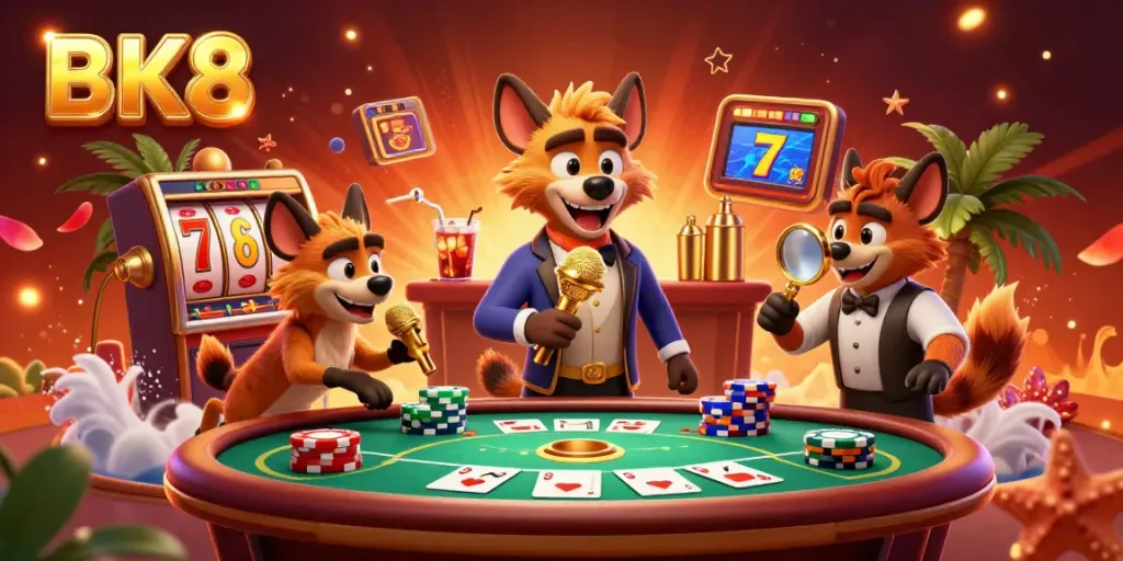 Experience the excitement of BK8 at a lively casino club with cartoon hyenas and gaming elements.