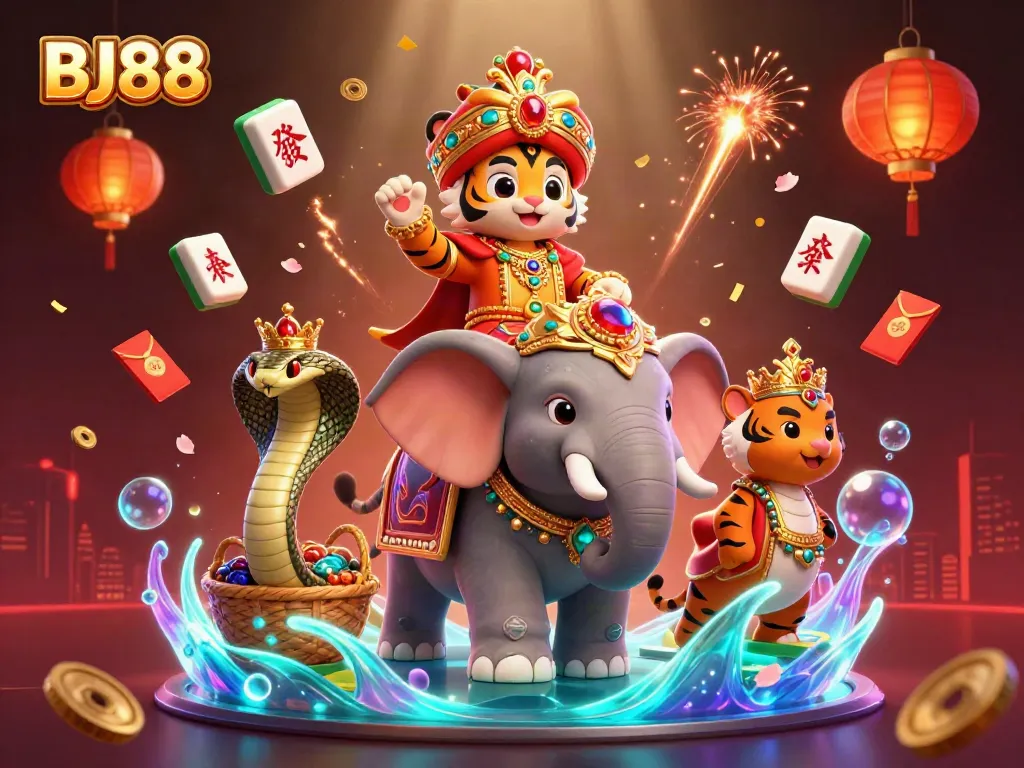 Experience thrilling gameplay at BJ88 with a dynamic scene of a jewelled maharaja and festive elements.