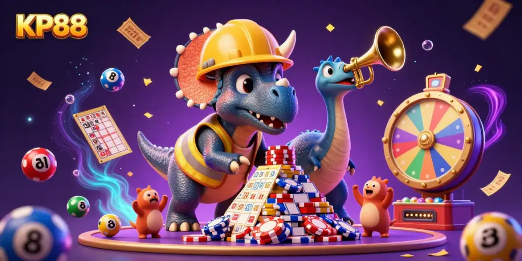 KP88 showcases a vibrant scene of a triceratops building poker chips, surrounded by dynamic lottery elements.