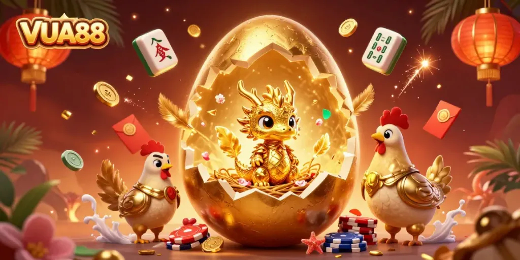 Bet on VUA88 to win with a dazzling golden dragon guarding poker chips amidst festive decorations.