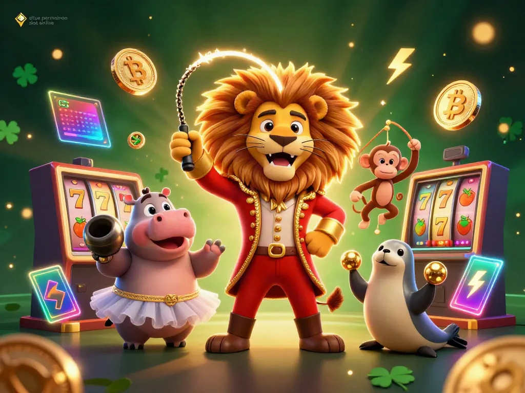 Mulai bermain di situs permainan slot online dengan karakter kasino ceria yang dikelilingi simbol slot berkilau.