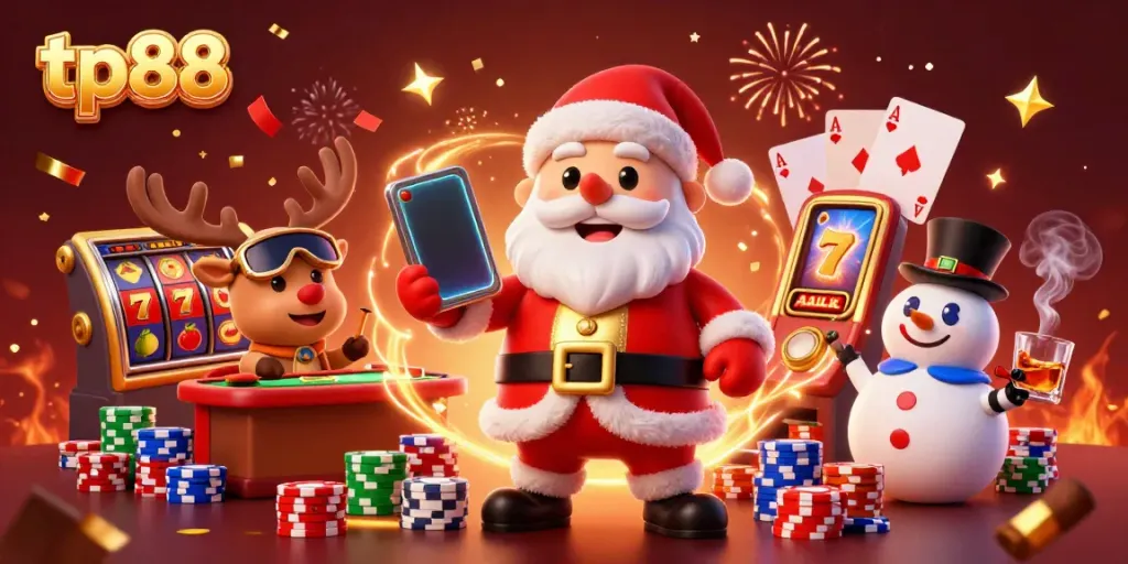 Celebrate winning at tp88 with a vibrant casino illustration featuring Santa, a reindeer dealer, and a poker chip snowman.