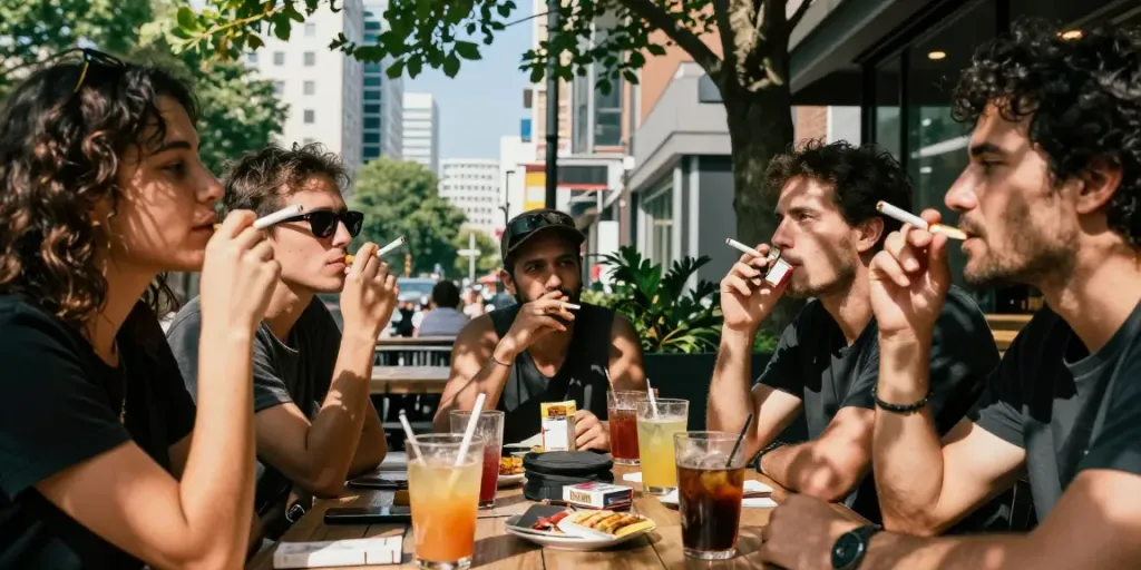 Friends enjoying affordable tobacco products at an outdoor café while discussing cheap cigarettes online Australia.