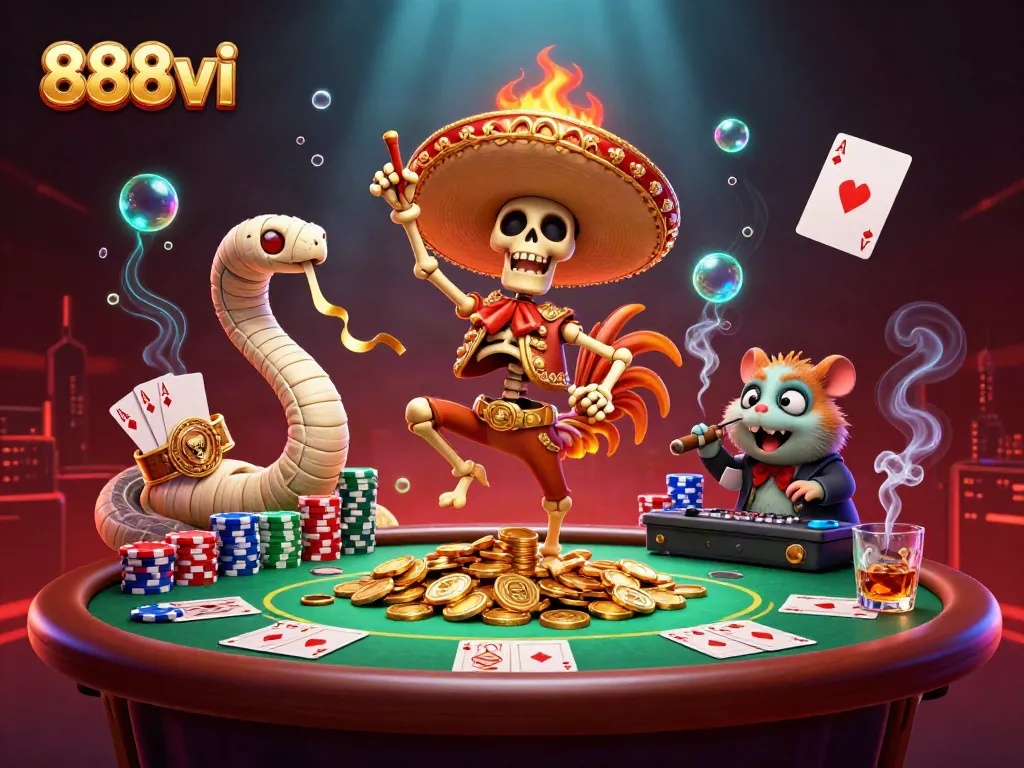 Experience thrilling victories at 888vi with vibrant 3D casino characters celebrating on coins.