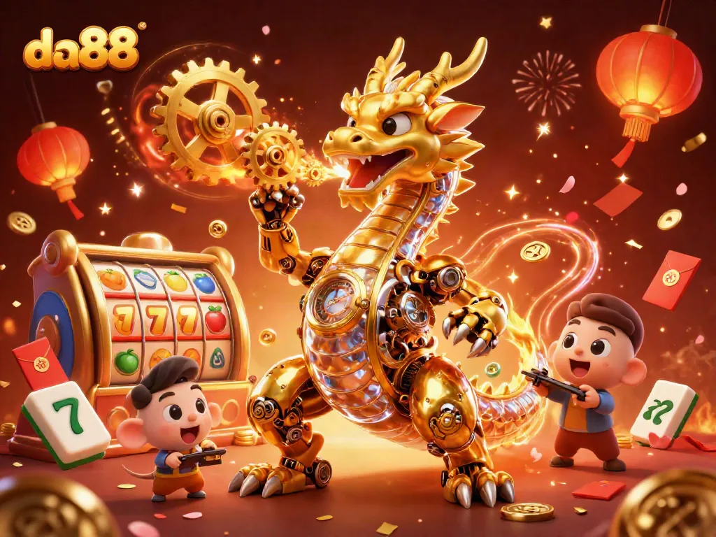 Experience thrilling gaming action with da88's golden dragon and vibrant slot reels.