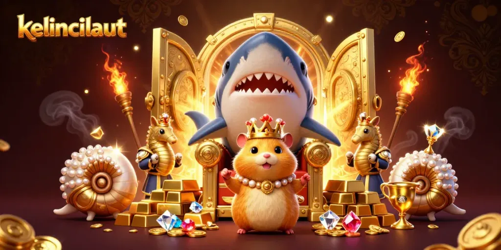Engage with kelincilaut's thrilling treasure hunt featuring a dynamic golden hamster king and seahorse guards.