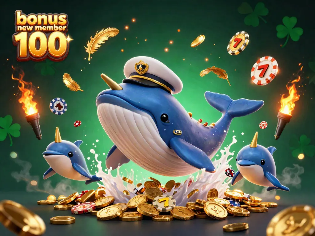 Experience the excitement of bonus new member 100 with a dynamic 3D casino scene featuring a whale, narwhal, and playful dolphins.