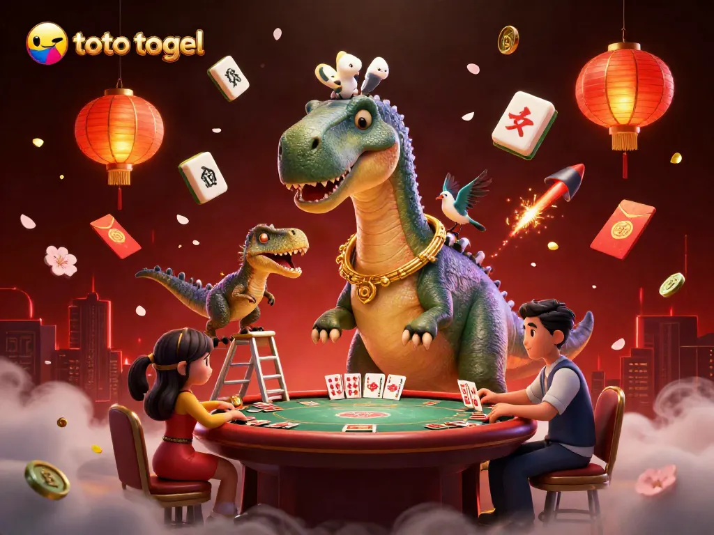 Engage with toto togel at a vibrant casino scene featuring playful dinosaurs and festive decorations.