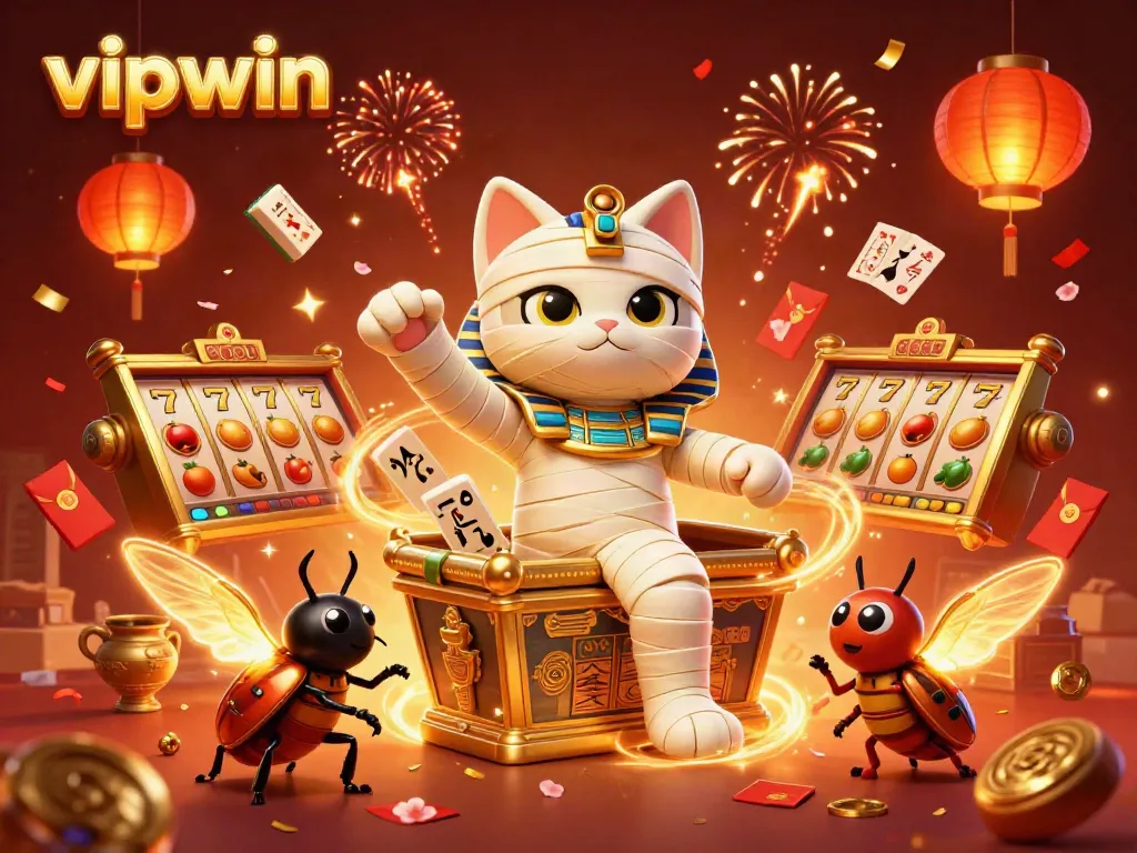 Experience the excitement at vipwin, featuring a dynamic scene of a mummy cat and scarab beetle in a vibrant casino setting.