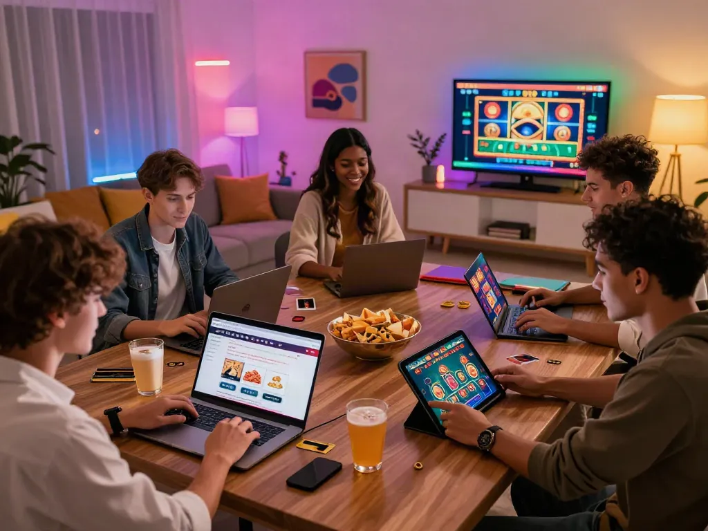 Group of friends enjoying online credit card casinos in a vibrant gaming area.