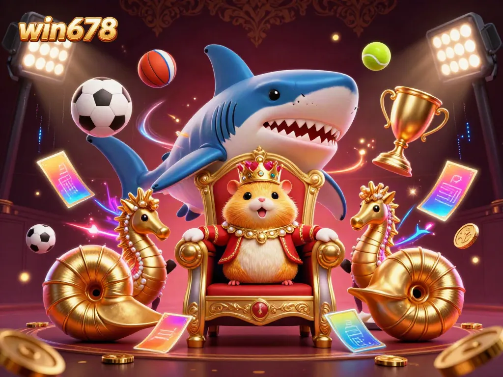 Experience the thrilling ambiance of win678 with a fierce golden hamster king throne, seahorse guards, and dynamic betting elements.