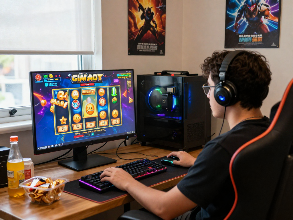 The player enjoying a thrilling slot gacor game on a high-resolution screen, immersed in colorful graphics and exciting gameplay.