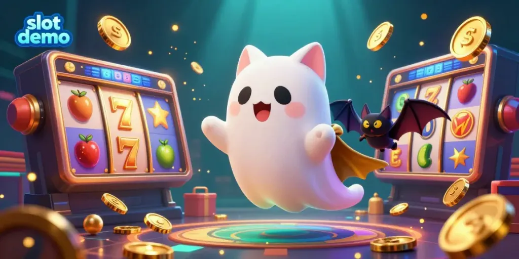 Menggoda pemain dengan demo slot yang menampilkan kucing hantu di kasino online, simbol keberuntungan, dan suasana yang ceria.