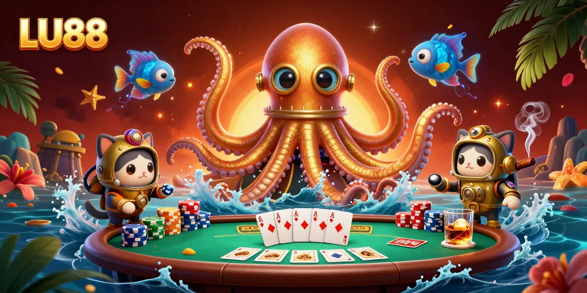 Engage with LU88's thrilling gaming experience featuring a kraken, diving cat, and poker elements.