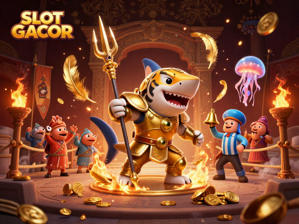 SLOT GACOR showcases an exciting underwater colosseum battle featuring a golden tiger shark and fun elements for a thrilling casino experience.