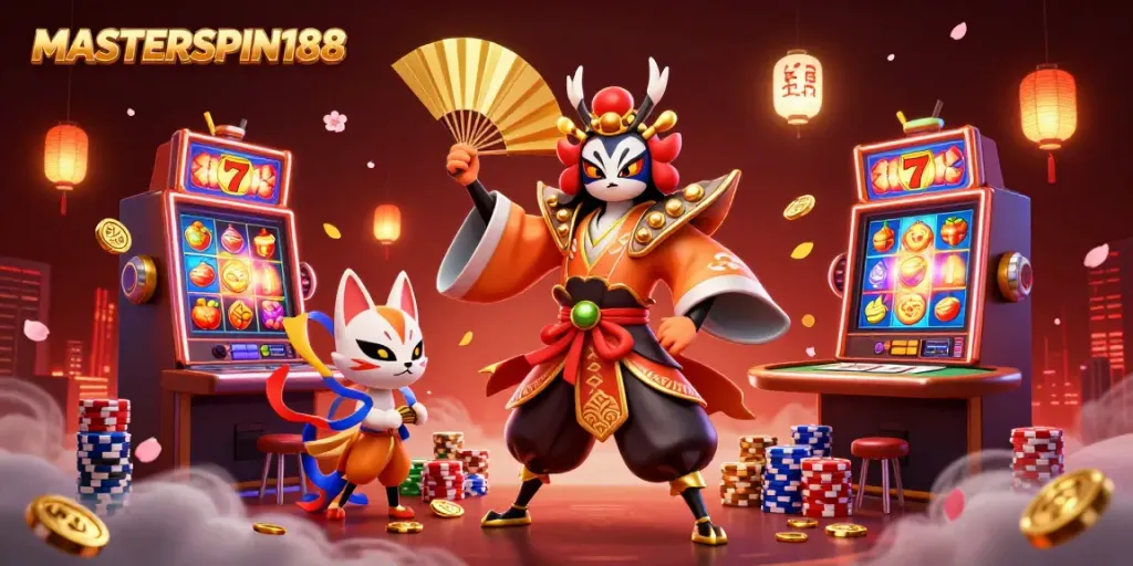 Experience the excitement of MASTERSPIN188 with slots, kabuki warrior, and vibrant casino elements.