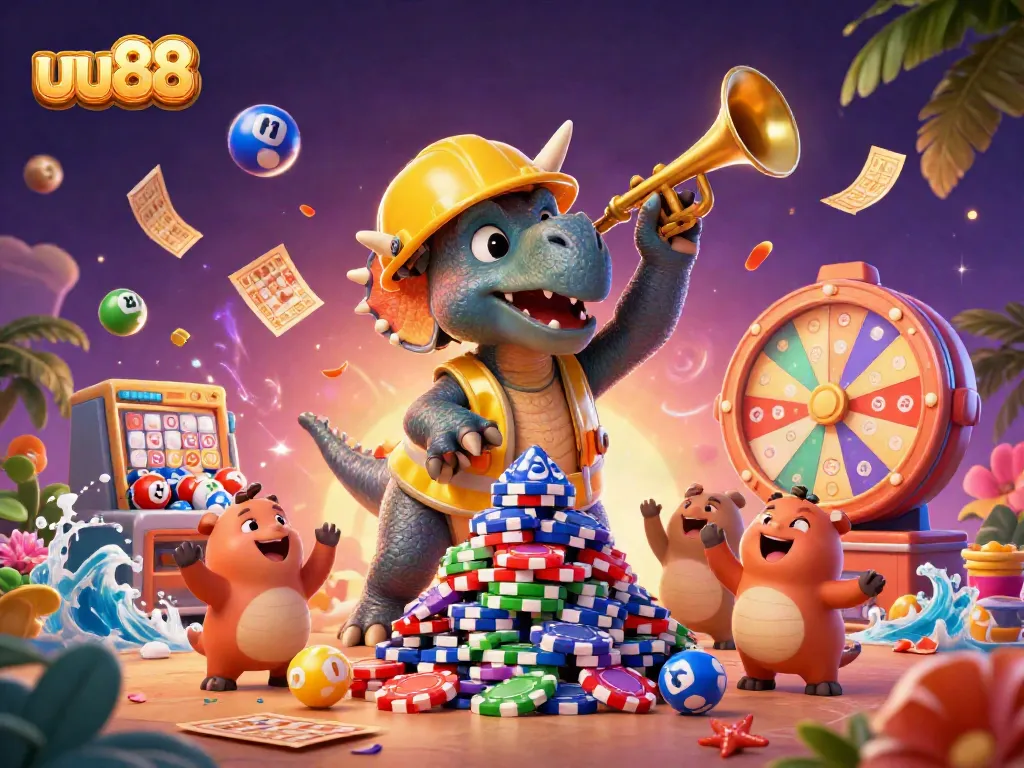 Experience thrilling gaming at uu88 with a vibrant 3D casino scene featuring playful dinosaurs celebrating winning moments.