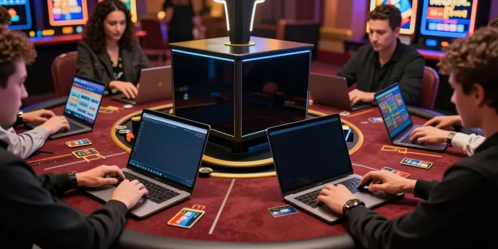 Vibrant scene of credit card casinos in 2026, players engaging in online gaming with modern technology.