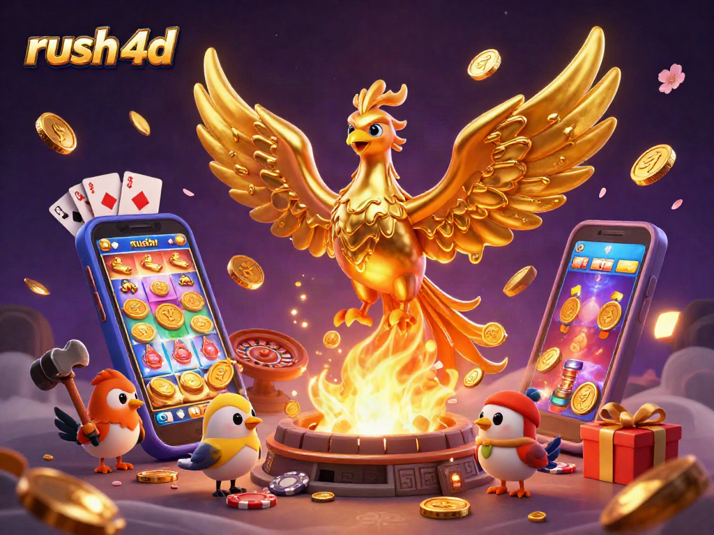 Permainan rush 4d dengan phoenix emas dan kasino mengelilingi ponsel slot yang berkilau.