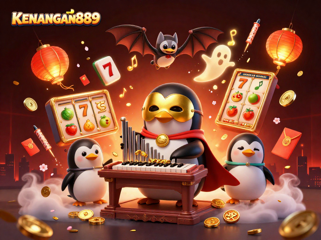KENANGAN889 showcases an exciting gaming scene with a phantom penguin and golden coins.