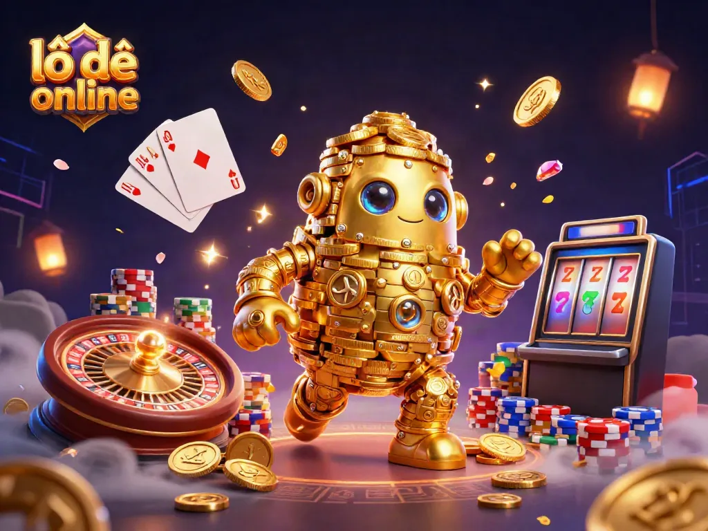 Engage in exciting lô đề online with a dynamic scene featuring a captivating golden golem and casino elements.