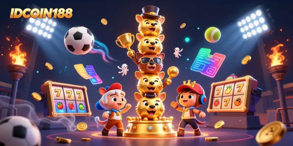 IDCOIN188 casino illustration featuring a dynamic golden totem pole and vibrant sports elements.