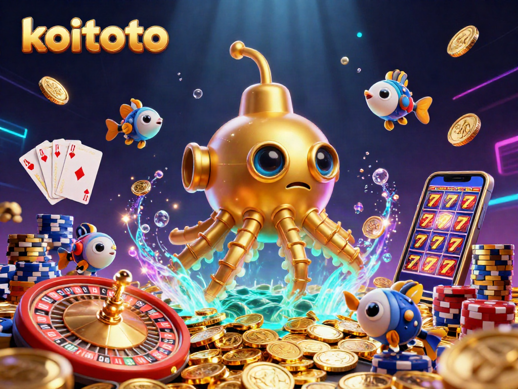 Koitoto offers thrilling casino gameplay with a golden kraken submarine amidst swirling coins, showcasing exciting winning opportunities.
