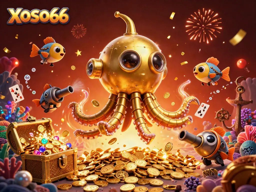 Experience exciting adventures with XOSO66, featuring a golden kraken submarine surfacing in treasure