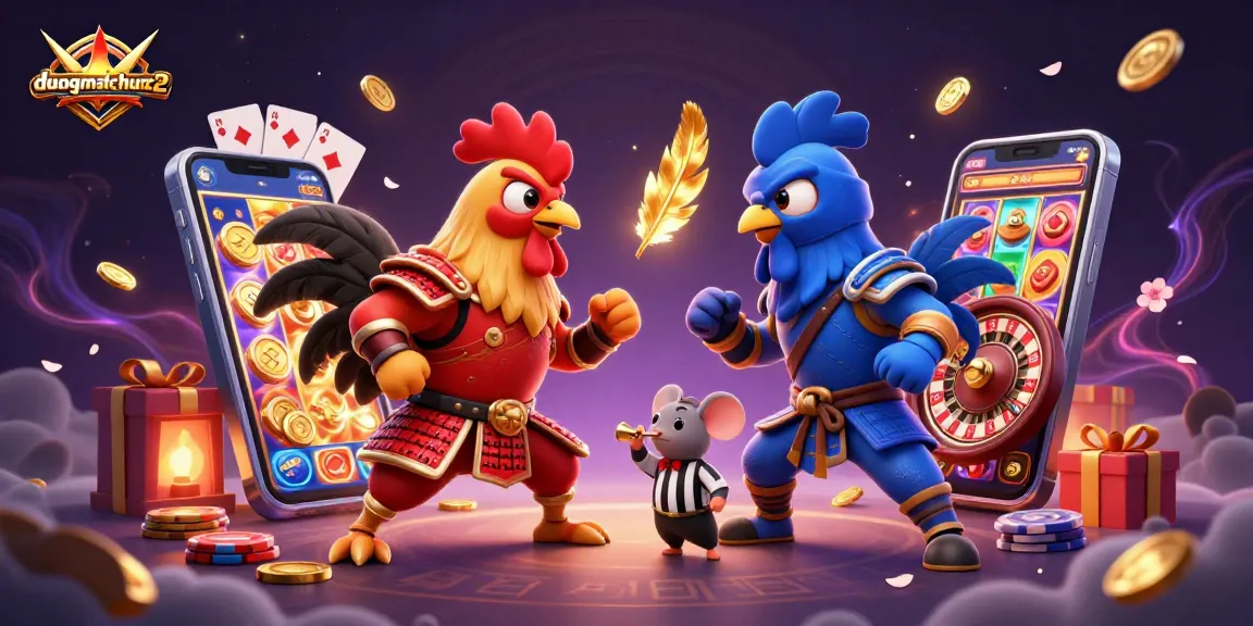 Engage in thrilling gameplay with duongmatchuoc2 featuring animated fighting roosters in an intense battle.