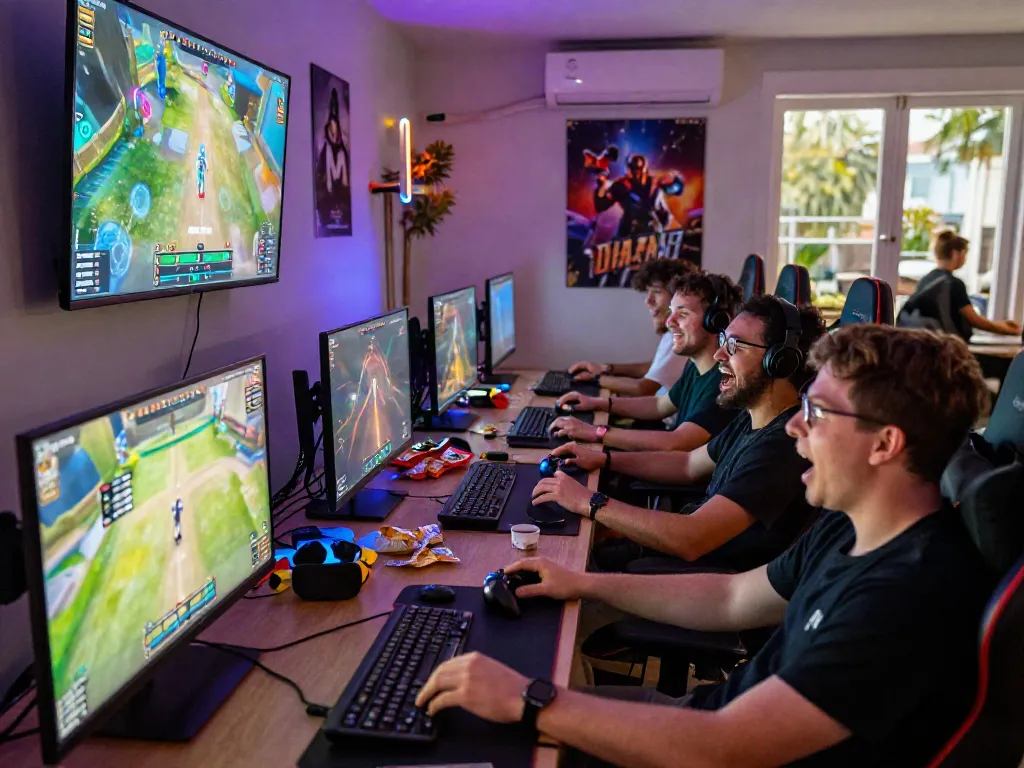 Aktivitas bermain diana4d di ruang gaming dengan teman-teman, suasana meriah dan ceria.
