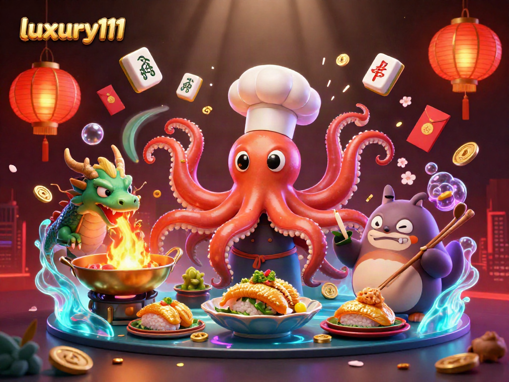 Engaging luxury111 themed 3D illustration of a sushi chef octopus and gaming elements