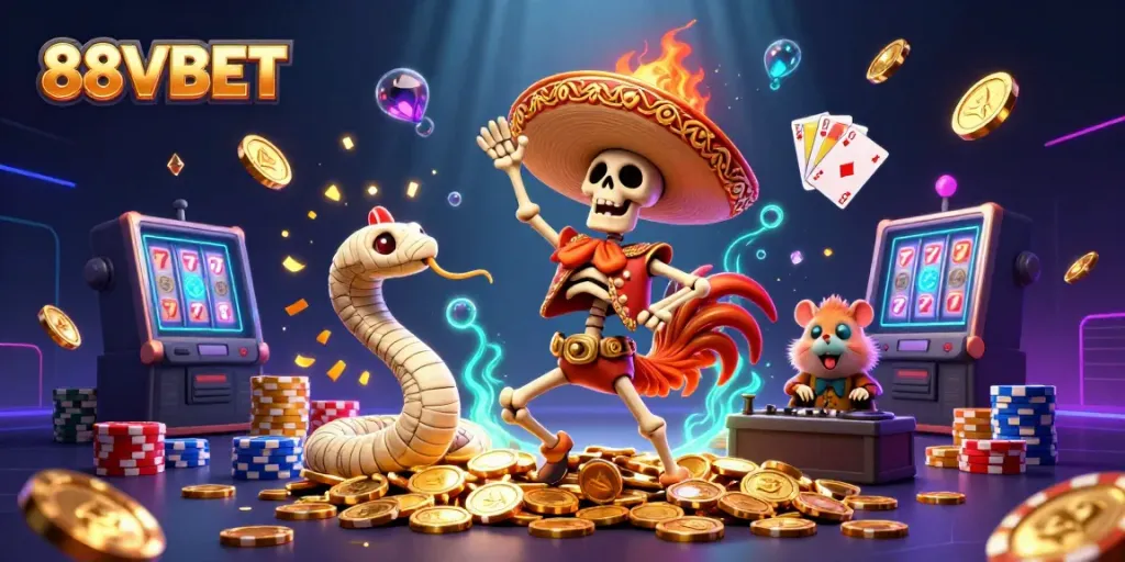 Experience the fun of 88VBET with vibrant characters celebrating on golden coins amid casino elements.