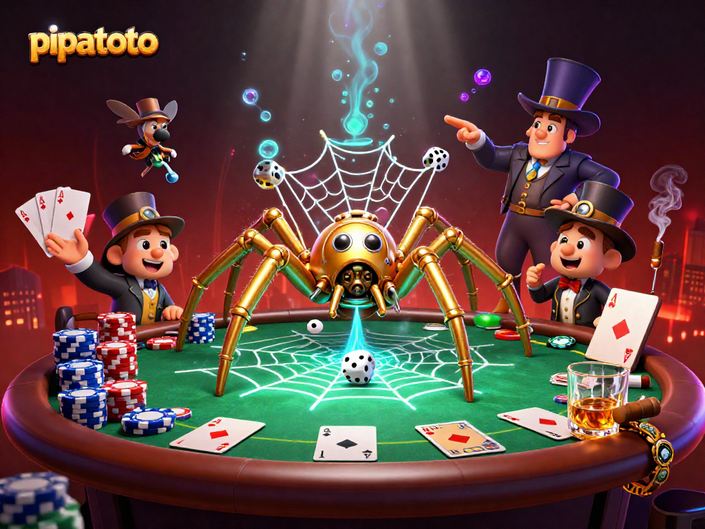 Engage with pipatoto's thrilling gaming atmosphere featuring a spider and an amused fly in a bustling poker scene.