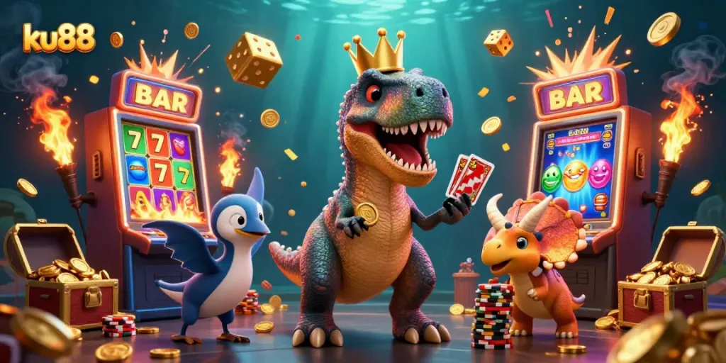 Engage with ku88's vibrant 3D casino scene featuring a dinosaur dealer and dynamic game elements.