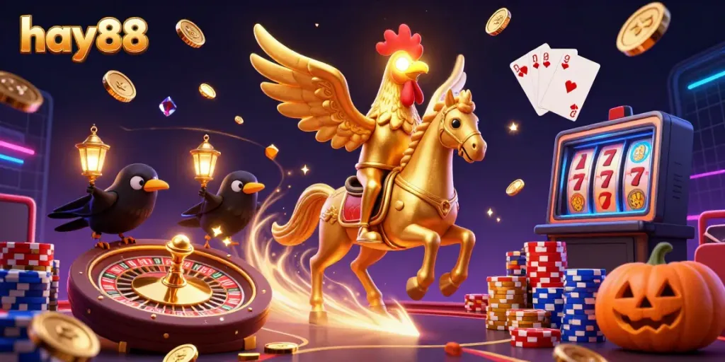 Experience the excitement at hay88 with a vibrant 3D casino scene showcasing a golden rooster and friends amidst swirling energy and flying coins.