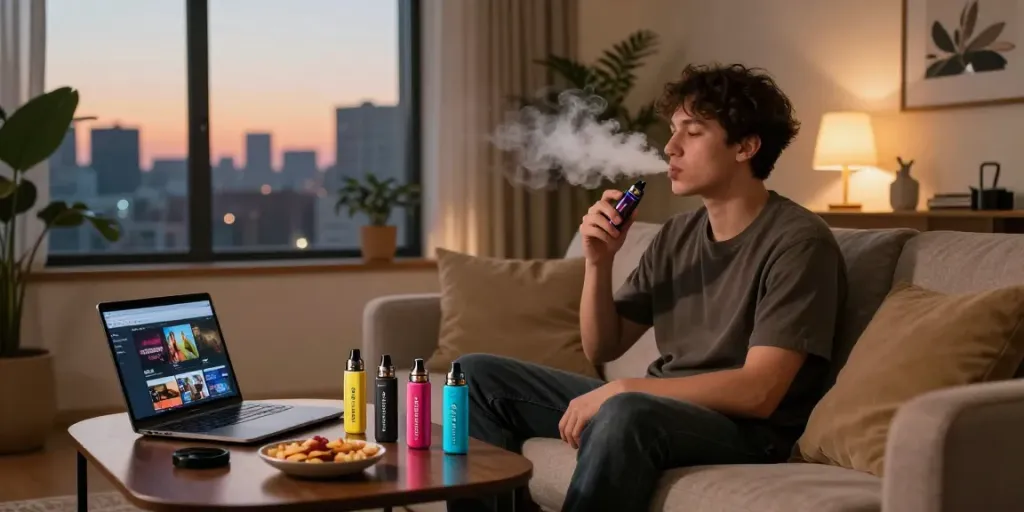 Al Fakher 8k Crystal E-Shisha in urbaner Wohnung mit entspannter Atmosphäre.