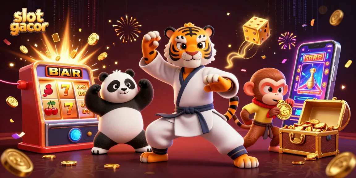 Slot gacor, gambar ilustrasi 3D judi dengan karakter menarik dan mesin slot penuh harta.