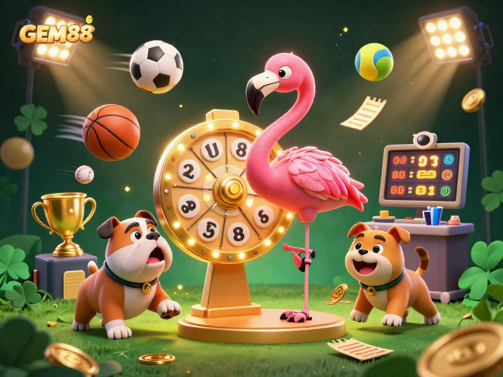 Spin the giant prize wheel at GEM88 for thrilling gaming excitement, featuring vibrant casino elements.