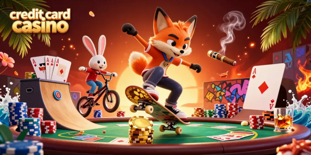 Stylized scene showcasing a credit card casino with a spirited fox and rabbit in dynamic poses.
