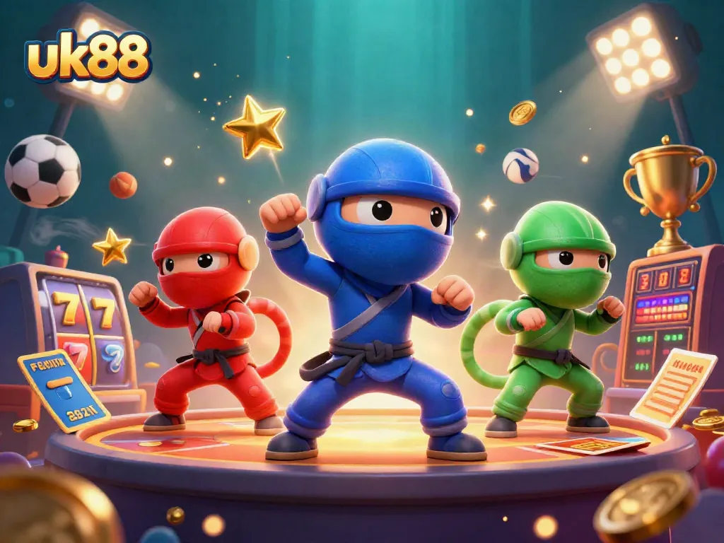 Engage in thrilling casino action with uk88's colorful ninja chameleons amidst dynamic gaming elements.