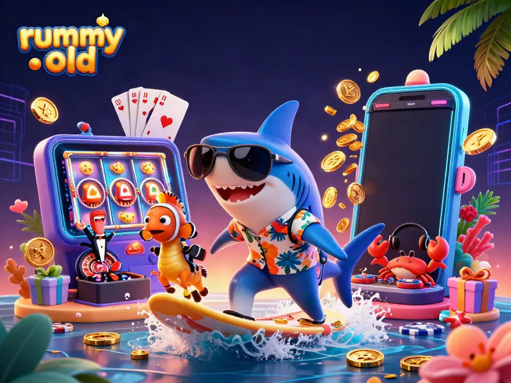 Join the fun with rummy old on a vibrant wave of gold coins in this lively 3D scene.