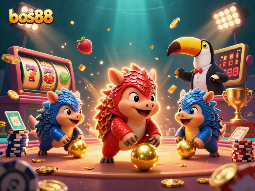 Experience the excitement of bos88 with rival pangolins in a vibrant casino scene filled with golden elements.