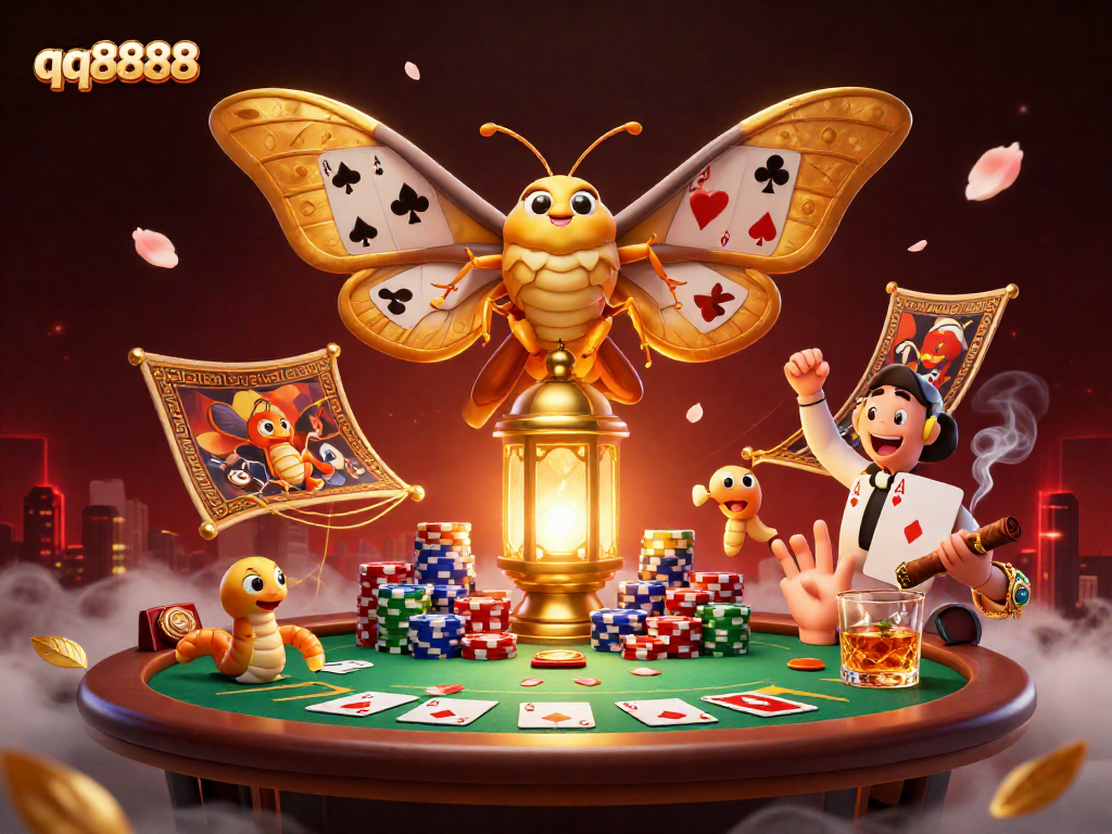 Experience thrilling poker action with qq8888 featuring a golden atlas moth amidst dynamic casino elements.