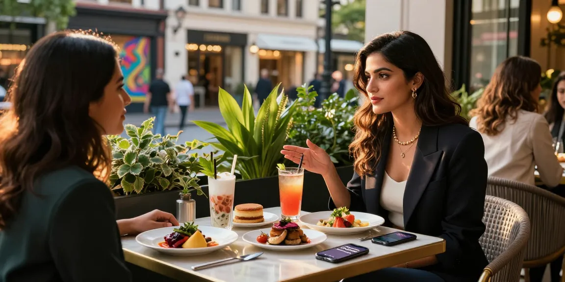 Gurgoan escorts booking app displayed on a smartphone at a stylish café, showcasing a social and elegant atmosphere.