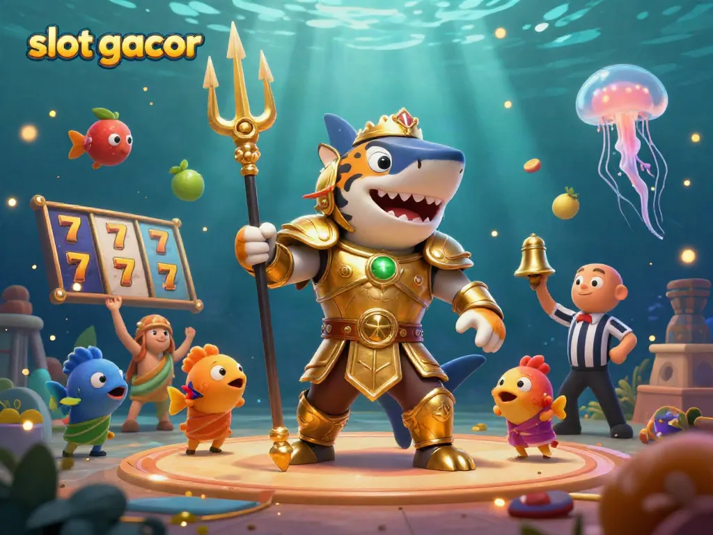 Experience the thrill of slot gacor with a 3D tiger shark in a vibrant underwater casino scene.