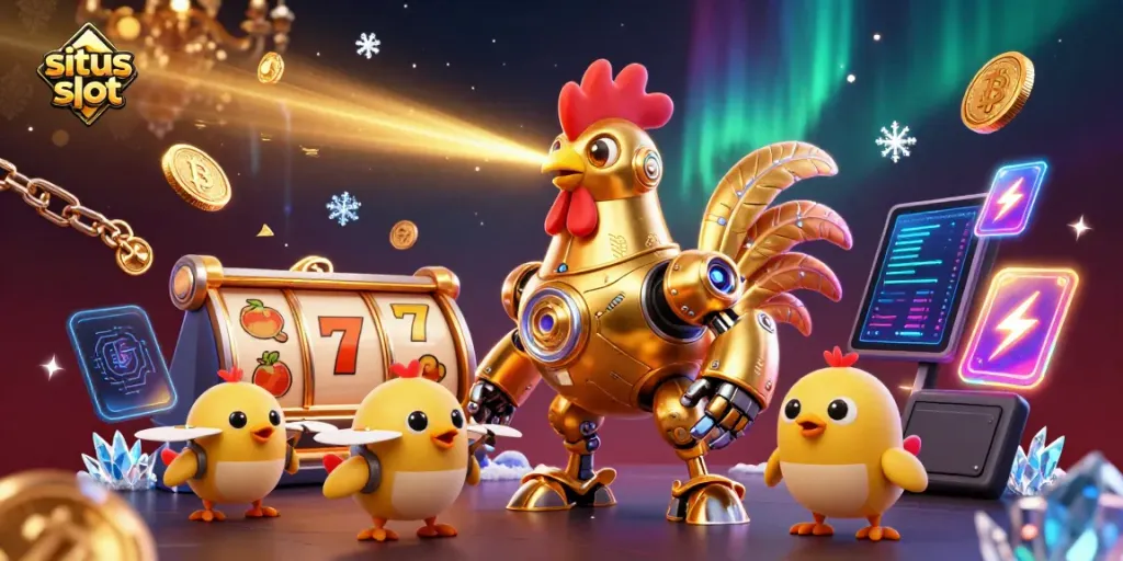 Menangkan situs slot dengan robot ayam emas futuristik dan simbol keberuntungan yang bersinar.