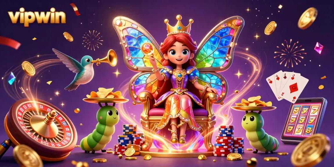 Experience excitement with vipwin's vibrant casino scene featuring a butterfly queen and lavish game elements.