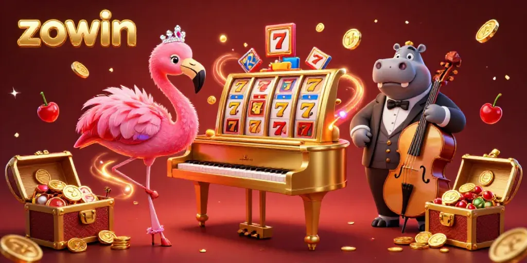 Win big at Zowin with a vibrant casino scene featuring joyful casino characters and colorful game elements.