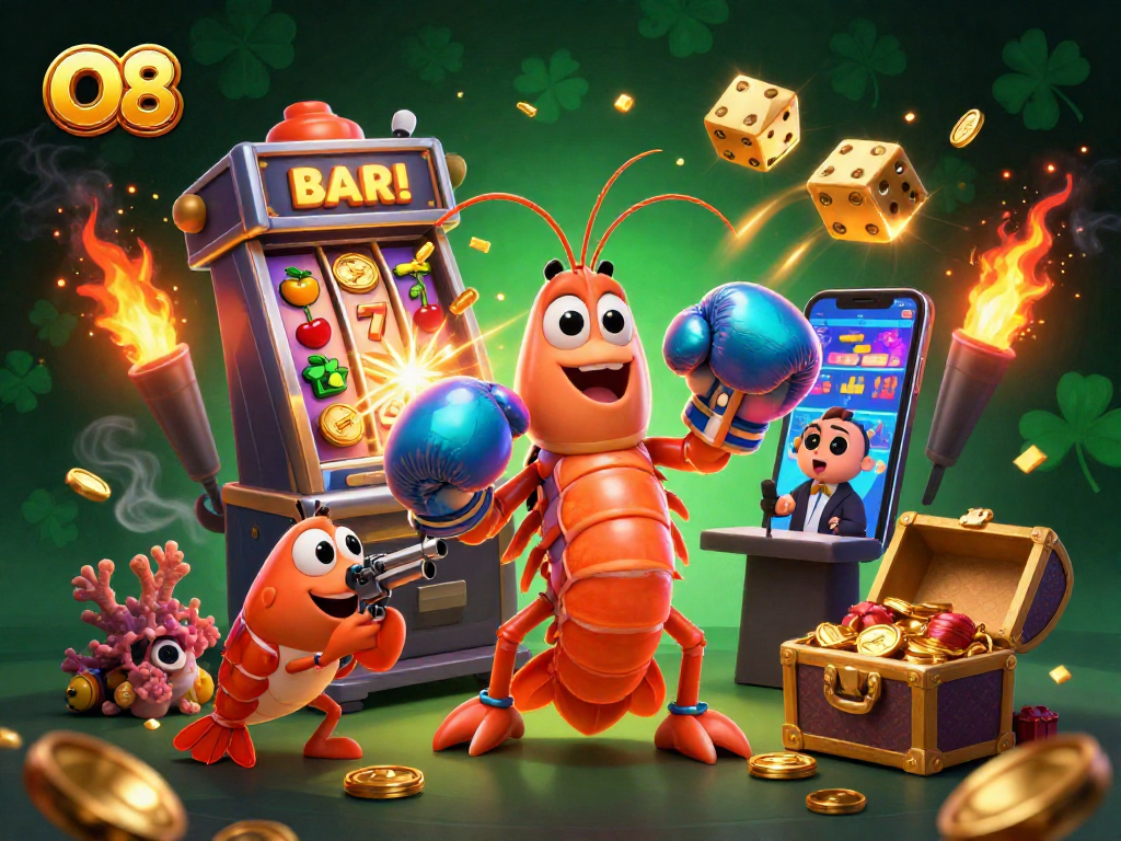 Engage in thrilling gameplay with O8's vibrant casino-themed 3D artwork featuring dynamic slot machines and colorful characters.